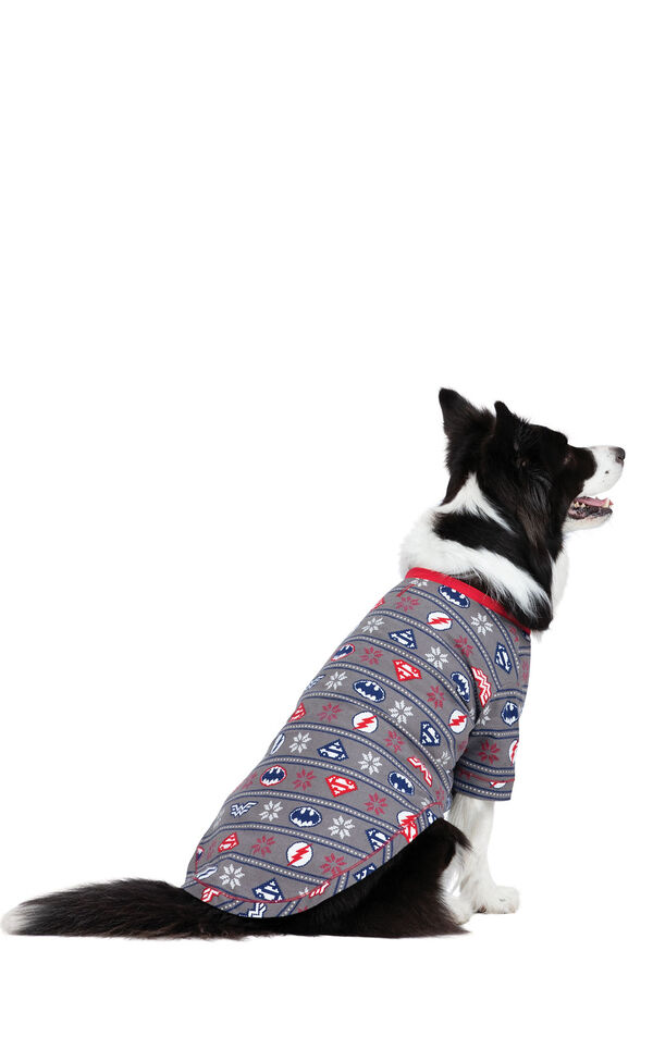 Model wearing Red and Blue Justice League PJ for Pets, facing away from the camera image number 1