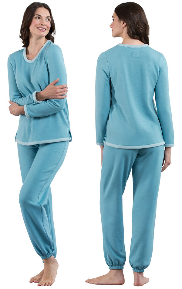 Model wearing World's Softest Teal PJ for Women, facing away from the camera and then facing to the side