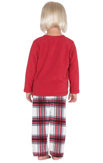Model wearing Red and White Plaid Fleece PJ for Toddlers, facing away from the camera