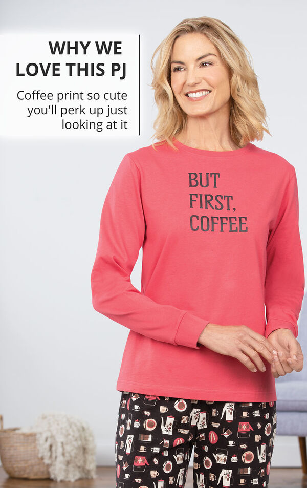 Model wearing Coffee Lover Pajamas with the following copy: Why we Love this PJ - Coffee print so cute you'll perk up just looking at it image number 2
