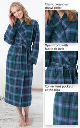 Close-Ups of Heritage Plaid Flannel Long Robe features which include a classic cross-over shawl collar, open front with fabric tie belt and convenient pockets at the hips. image number 3