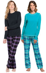 Models wearing Blackberry Plaid Jersey-Top Flannel Pajamas and Wintergreen Plaid Jersey-Top Flannel Pajamas. image number 0