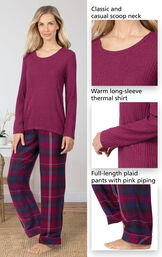 World's Softest Flannel Pullover Pajamas - Black Plaid feature a classic and casual scoop neck, warm long-sleeve thermal shirt and full-length plaid pants with pretty piping image number 4