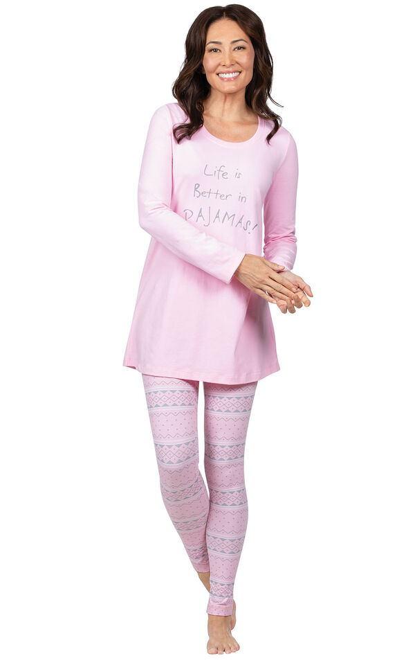 Model wearing Long Sleeve and Legging Pajamas - Pink Fair Isle image number 3