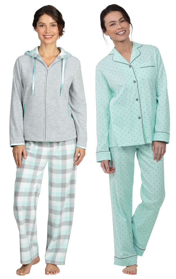 Models wearing Snuggle Fleece Hoodie Pajamas - Aqua and Classic Polka-Dot Boyfriend Pajamas - Mint. image number 0