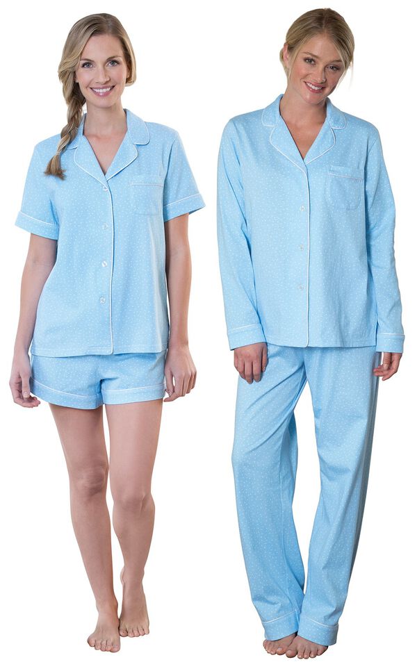 Models wearing Classic Polka-Dot Short Set - Blue and Classic Polka-Dot Boyfriend Pajamas - Blue. image number 0