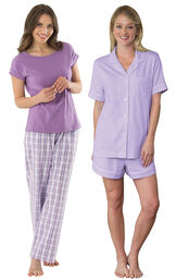 Models wearing Perfectly Plaid Pajamas and Oh-So-Soft Pin Dot Short Set - Lavender.  image number 0