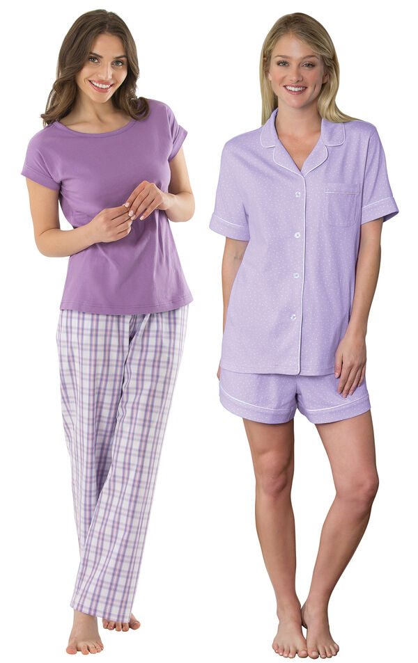 Models wearing Perfectly Plaid Pajamas and Oh-So-Soft Pin Dot Short Set - Lavender.  image number 0