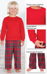 Close-Ups of Stewart Plaid Thermal Top PJ features which include a classic crew neckline, long-sleeve thermal top and full-length PJ pants image number 3