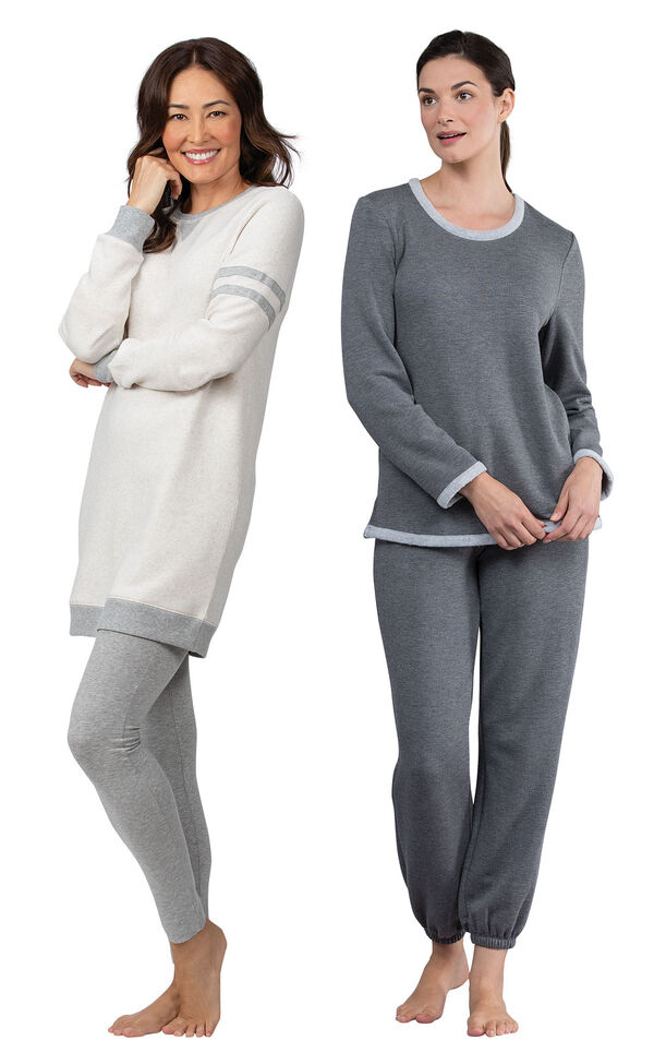Models wearing Sporty Sweatshirt and Leggings PJ Set - Ivory/Gray and World's Softest Jogger Pajamas - Charcoal. image number 0