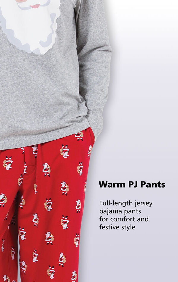 Close-up of St. Nick Men's Pajamas Red Warm PJ Pants with the following copy: Full-length jersey pajama pants for comfort and festive style image number 3