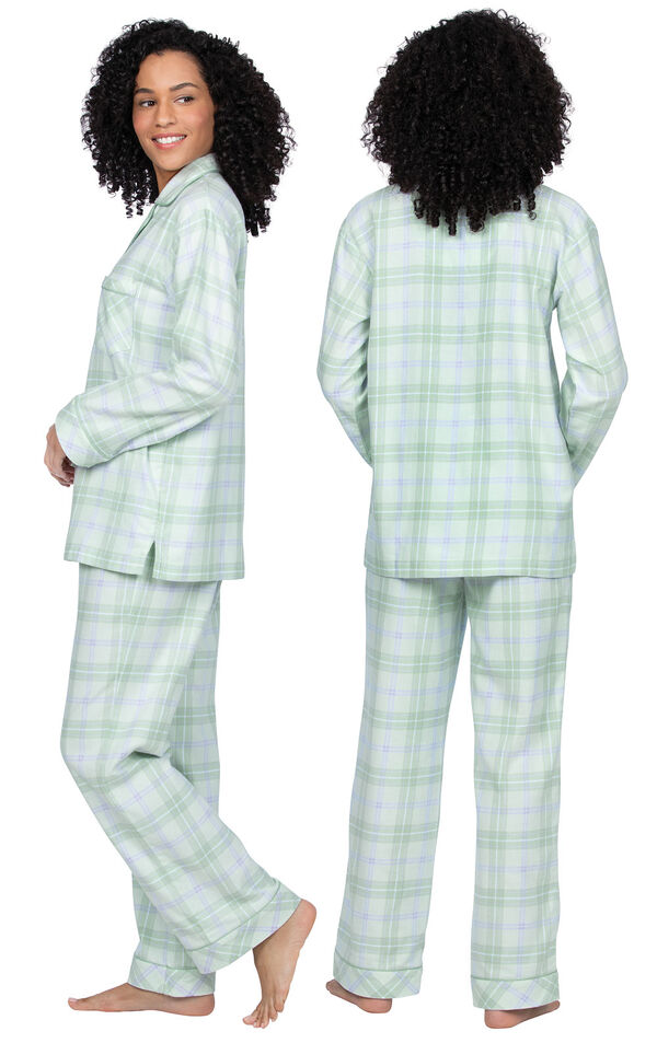 Model wearing Light Green Plaid Button-Front PJ for Women, facing away from the camera and then to the side image number 1