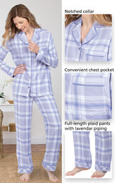World's Softest Flannel Boyfriend Pajamas feature a notched collar, convenient chest pocket, and full-length plaid pants with grey piping - all shown in images image number 3