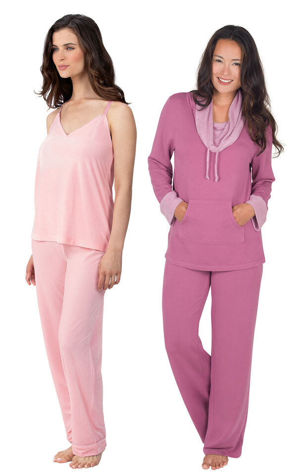 Models wearing Velour Cami Pajamas - Pink and World's Softest Pajamas - Raspberry. image number 0