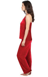Model wearing Red Velour Cami PJ with Satin Trim for Women, facing to the side image number 2
