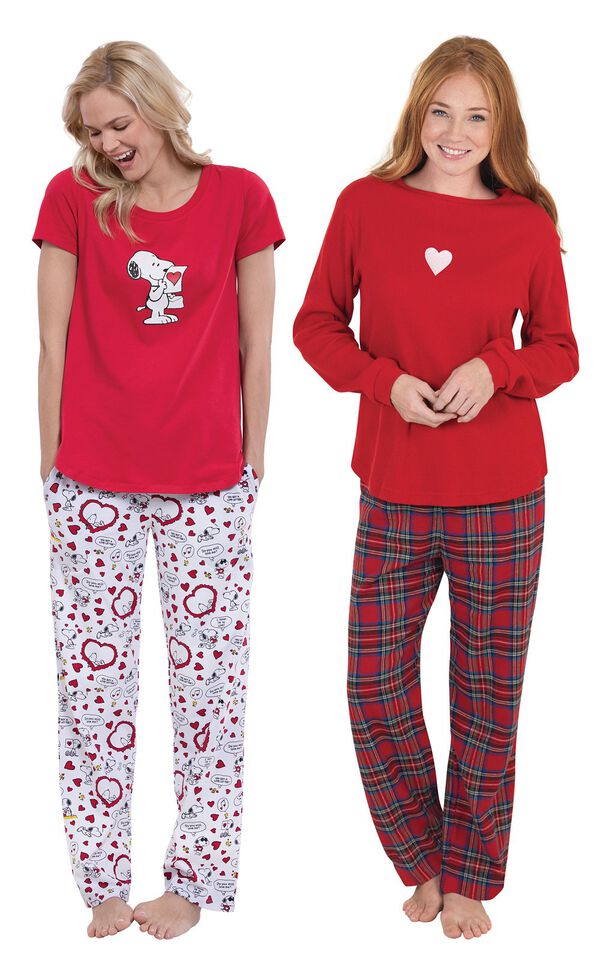 Models wearing Snoopy's Valentine Pajamas and Valentine's Day Plaid Pajamas. image number 0