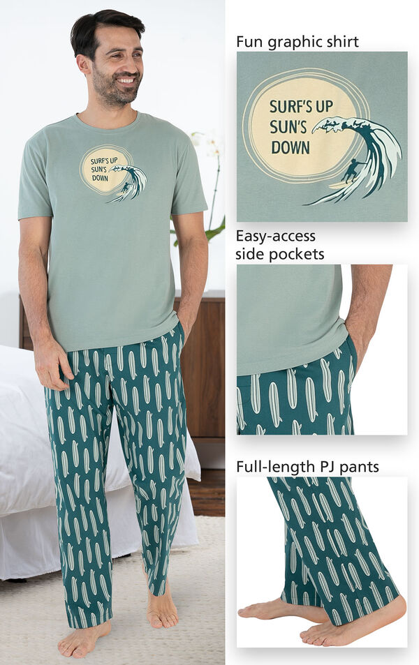 Close-ups of Margaritaville Summer Breeze Men's Pajamas features which include a fun graphic shirt that says ''Surf's Up Sun's Down'', easy-access side pockets and full-length PJ pants image number 3