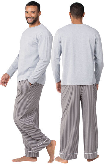 Model wearing Charcoal Gray and White Stripe PJ for Men, facing away from the camera and then to the side