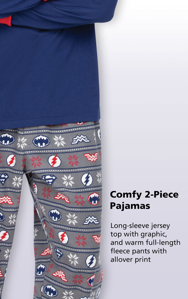 Close-up of Gray Fleece Justice League PJ bottoms with the following copy: Long-sleeve jersey top with graphic, and warm full-length fleece pants with allover print image number 3
