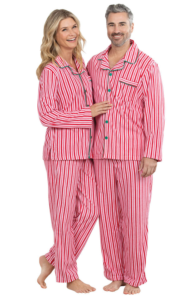 Models wearing Candy Cane Stripe Fleece PJ for Him and Her image number 0