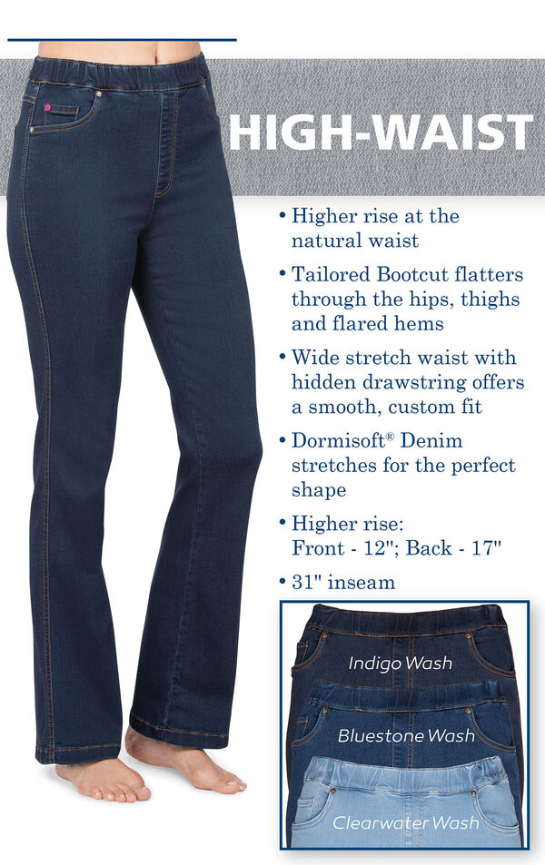 High-Waist PajamaJeans have higher rise at the natural waist, a tailored bootcut that flatters, a wide stretch waist with hidden drawstring and dormisoft denim that stretches for the perfect shape. Higher rise: Front - 12''; Back - 17''. 31'' inseam. image number 2