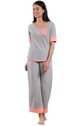 Model wearing Gray Pajama Set with Coral Trim for Women image number 0