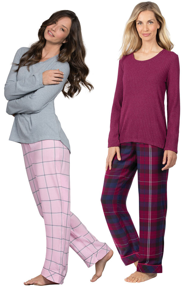 Models wearing World's Softest Flannel Pullover Pajamas - Black Cherry Plaid and World's Softest Flannel Pajama Set - Pink. image number 0