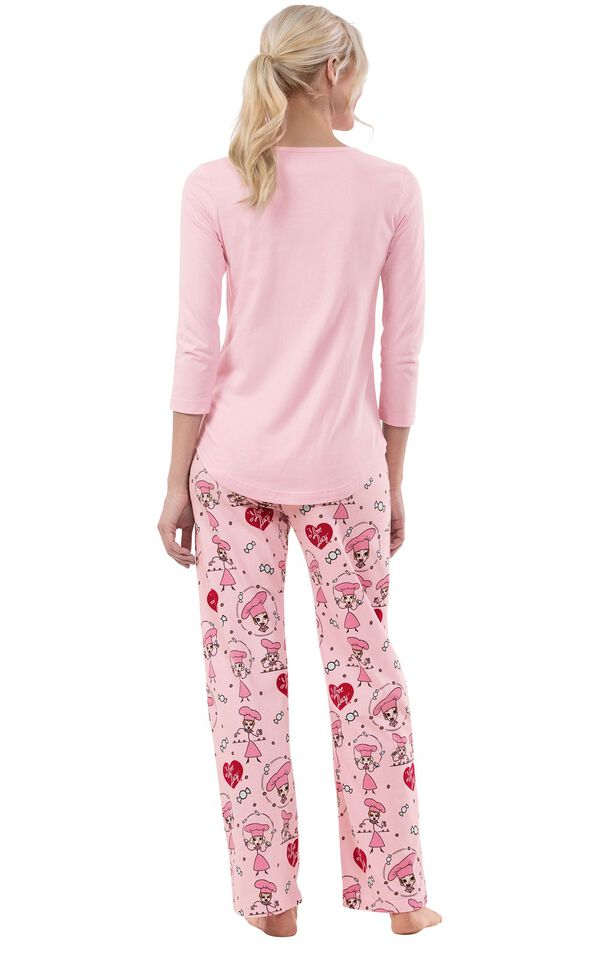 Model wearing I Love Lucy Chocolate Factory PJ for Women, facing away from the camera image number 1