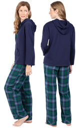 Model wearing Heritage Plaid Hooded Women's Pajamas, facing away from the camera and then facing to the side image number 1