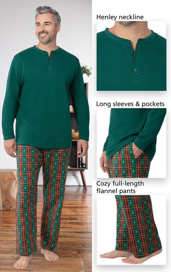Close-ups of the details of Christmas Tree Plaid Pajamas such as Henley neckline, long sleeves and pockets, and full-length PJ pants image number 3