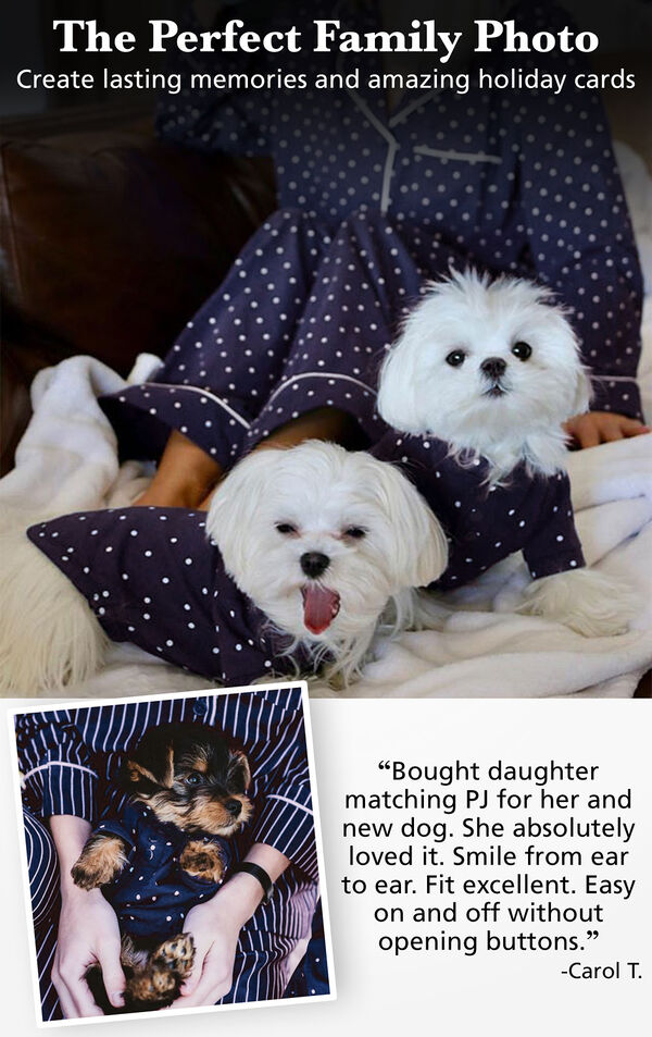 Pictures of dogs wearing Classic Polka-Dot Pet Pajamas with a customer quote: "Bought daughter matching PJ for her and new dog. She absolutely loved it. Smile from ear to ear. Easy on and off without opening buttons" - Carol T. image number 1