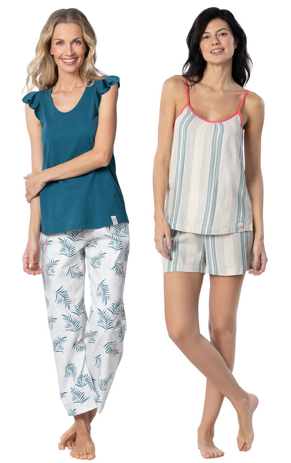Models wearing Margaritaville Easy Island Capris Pajamas - Blue/White and Margaritaville Cabana Striped Short Set - Blue/White. image number 0