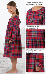 Close-Ups of Stewart Plaid Flannel Girls Nighty features which include a classic rounded neck with button placket, high waist that gives a perfect fit and warm long sleeves and cuffs image number 3
