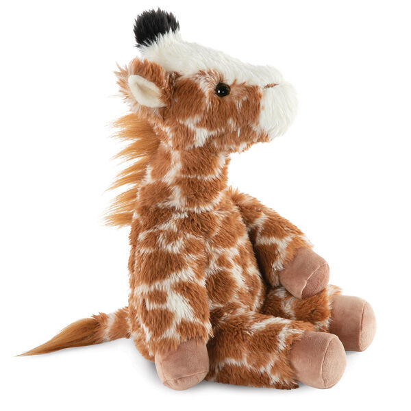 18" Oh So Soft Giraffe - Side view of seated brown and tan patterned Giraffe with ginger brown mane and tail, beige hooves, cream muzzle and black tipped horns 