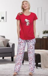 Model standing by couch wearing Red and White Snoopy Heart Print PJ for Women image number 4