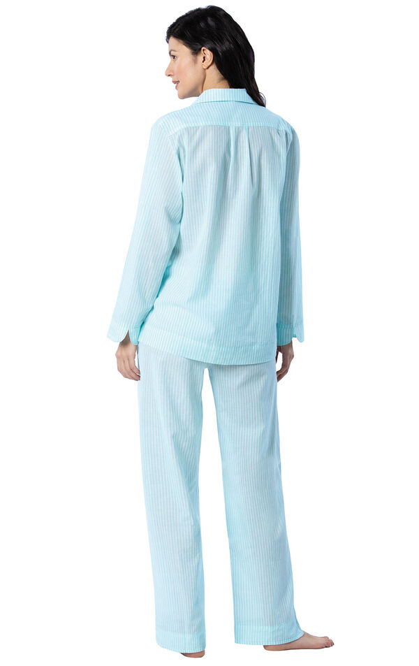 Model wearing Aqua and White Stripe PJ for Women, facing away from the camera image number 1