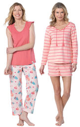 Models wearing Margaritaville Rest and Relaxation Short Set - Pink and Margaritaville Easy Island Capris Pajamas - Pink. image number 0