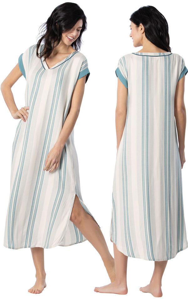 Model wearing Blue and White Stripe Margaritaville Gown for Women, facing away from the camera and then to the side image number 1