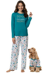 Woman and pet wearing matching Teal and White Dogs are my favorite matching pet and owner pajamas image number 0