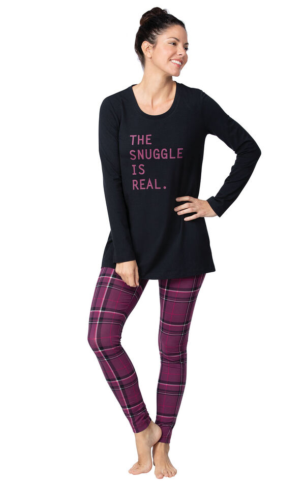 Model wearing Long Sleeve and Legging Pajamas - Plum Plaid image number 0