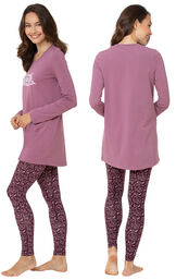 Model wearing Model wearing Long Sleeve and Legging Pajamas - Plum Floral, facing away from the camera and then facing to the side image number 1