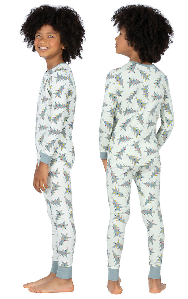 Model wearing Green Pine Tree PJ for Kids, facing away from the camera and then to the side