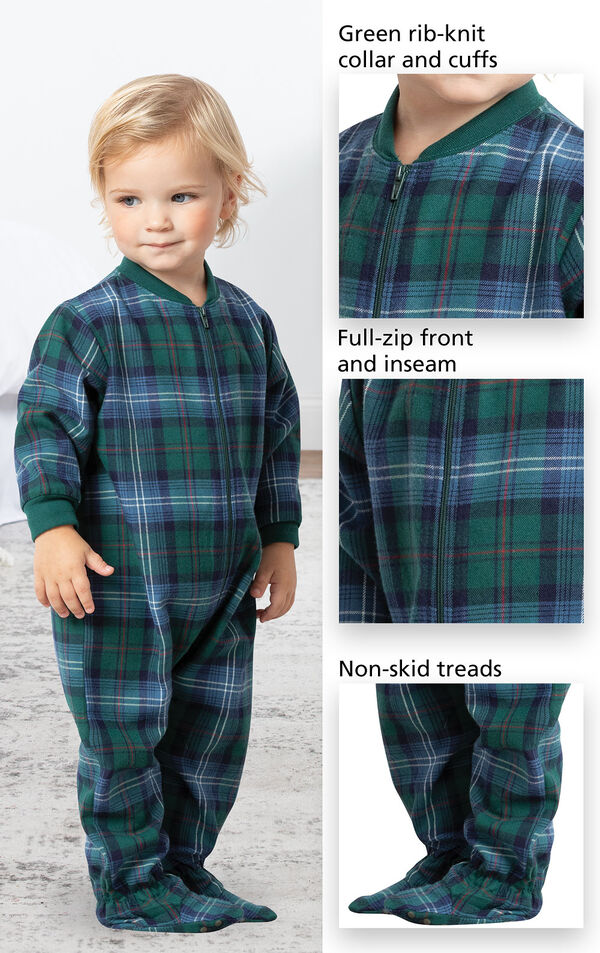 Close-ups of Heritage Plaid Infant Onesie Pajamas features which include Green rib-knit collar and cuffs, full-zip front and inseam and non-skid treads. image number 3