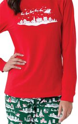 Close-up of red long-sleeve top with white graphic on The Night Before Christmas Women's Pajamas image number 2