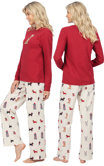 Model wearing Holiday Dog Print PJ with Graphic Tee for Women, facing away from the camera and then to the side