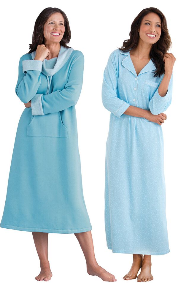 Models wearing World's Softest Nighty -Teal and Oh-So-Soft Pin Dot Nighty - Blue. image number 0