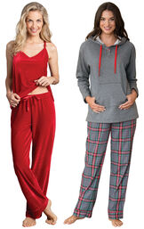 Models wearing Gray Plaid Hooded Pajamas and Velour Cami Pajamas - Ruby. image number 0
