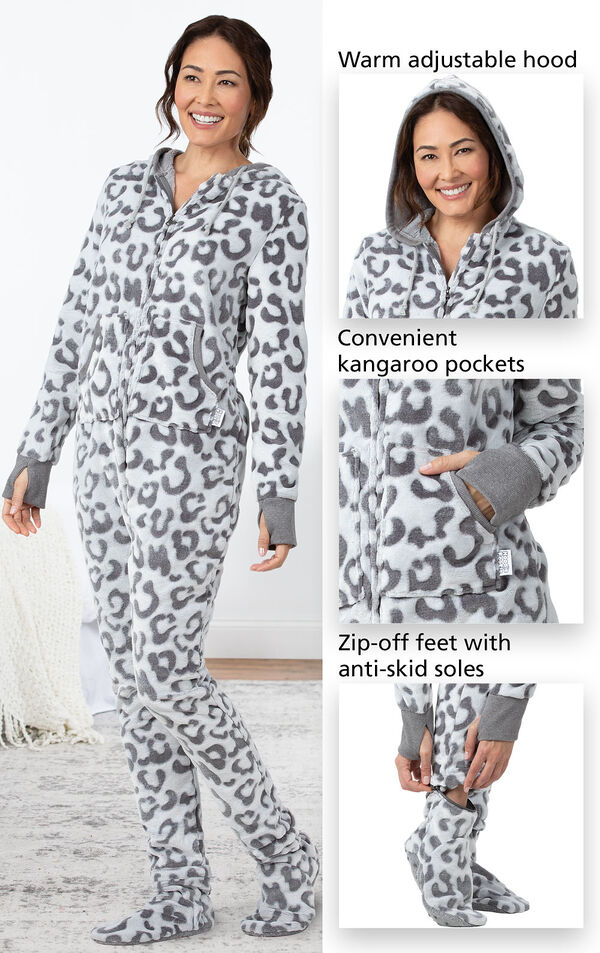 Close-ups of the features of Snow Leopard Hoodie-Footie which include a warm adjustable hood, convenient kangaroo pockets and zip-off feed with anti-skid soles image number 3