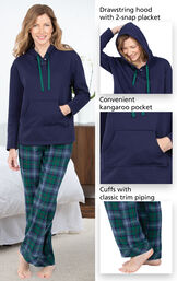 Heritage Plaid Hooded Women's Pajamas feature a drawstring hood with 2-snap placket, convenient kangaroo pocket and cuffs with classic trim piping image number 3