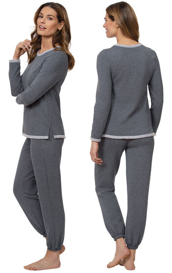 Model wearing World's Softest Gray PJ for Women, facing away from the camera and then facing to the side